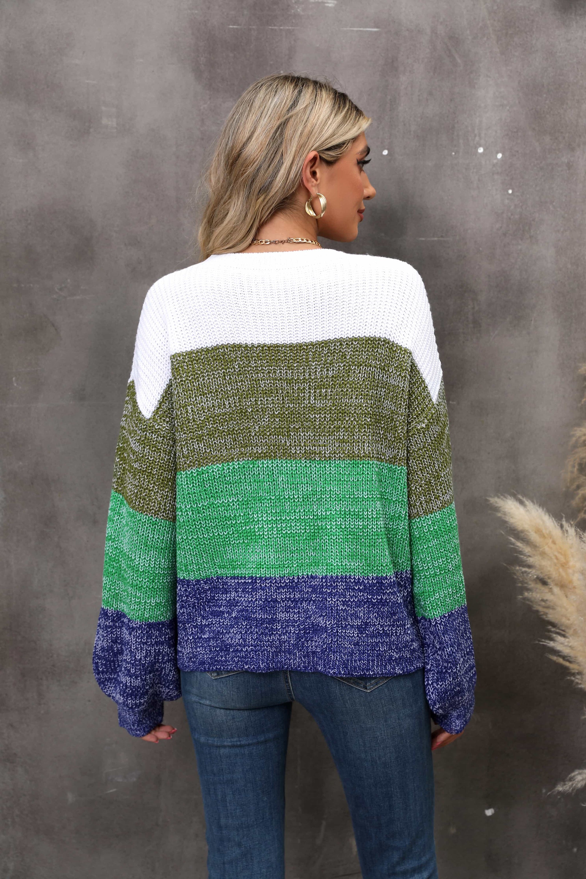 Color Block Round Neck Dropped Shoulder Sweater - Trendsi - Flyclothing LLC