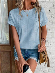 Eyelet Round Neck Short Sleeve T-Shirt - Trendsi