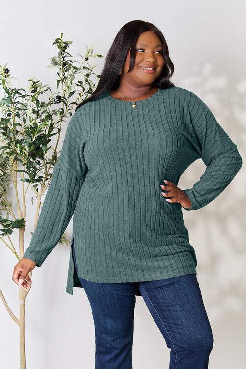 Basic Bae Full Size Ribbed Round Neck Long Sleeve Slit Top - Trendsi - Flyclothing LLC