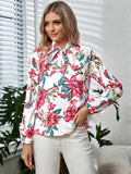 Printed Tie Neck Long Sleeve Blouse - Trendsi