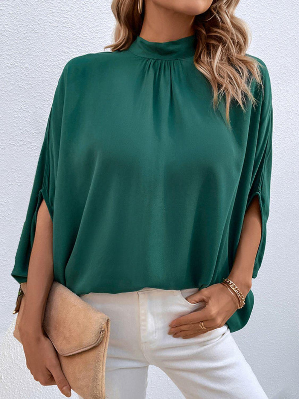 Tie Back Mock Neck Blouse - Trendsi