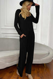 Long Sleeve V-Neck Jumpsuit with Pockets - Trendsi - Flyclothing LLC