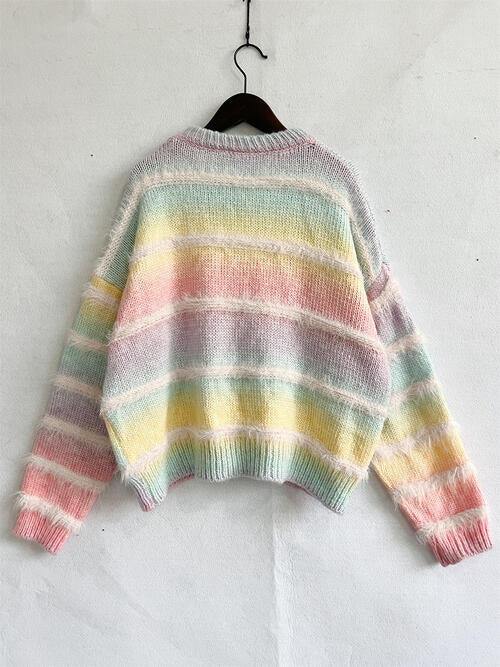 Striped Round Neck Long Sleeve Sweater - Flyclothing LLC
