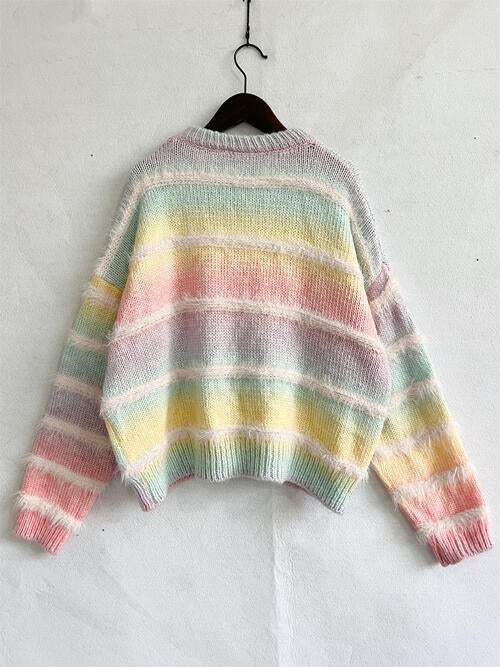 Striped Round Neck Long Sleeve Sweater - Trendsi - Flyclothing LLC