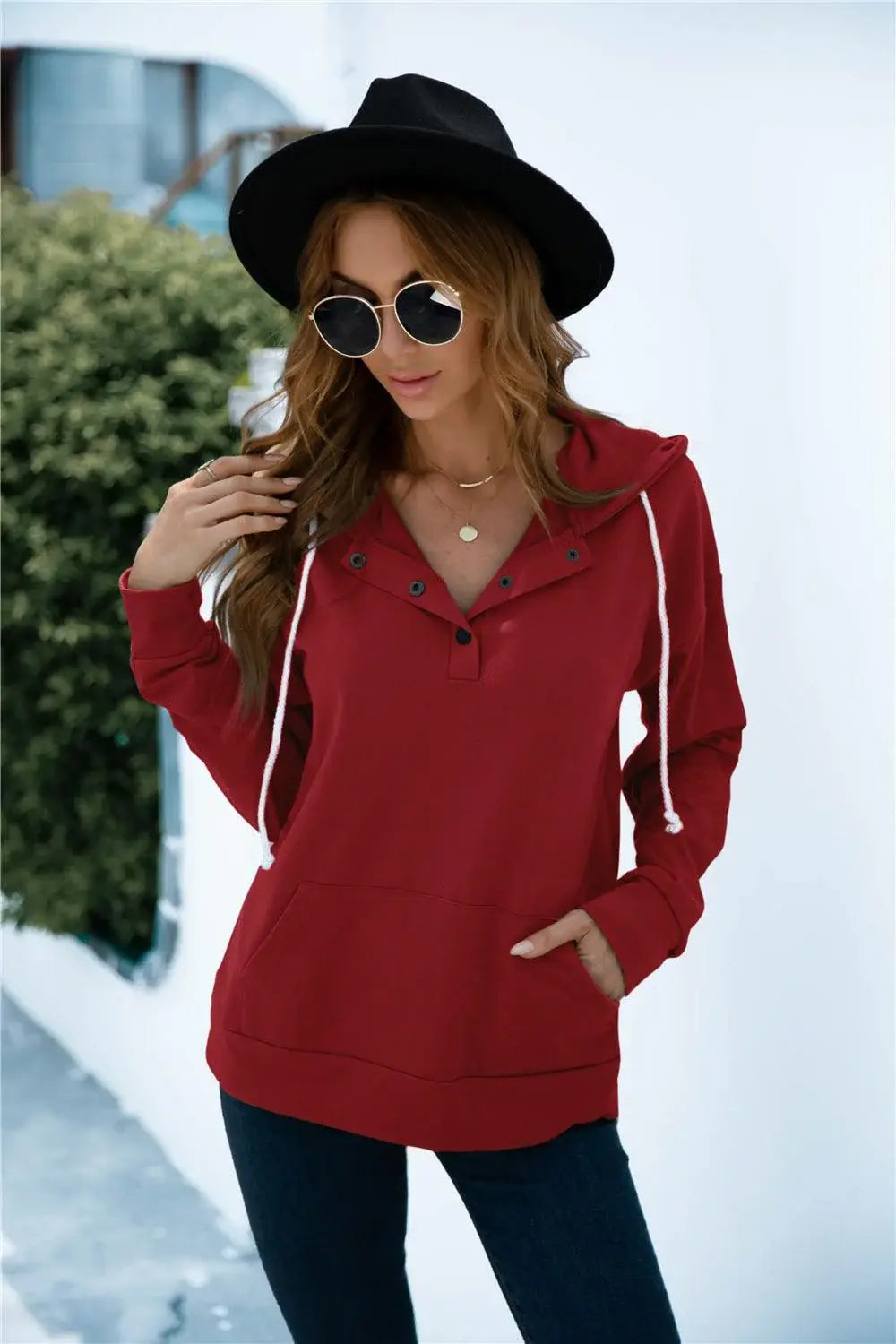 Quarter Snap Drawstring Hoodie with Kangaroo Pocket - Trendsi - Flyclothing LLC