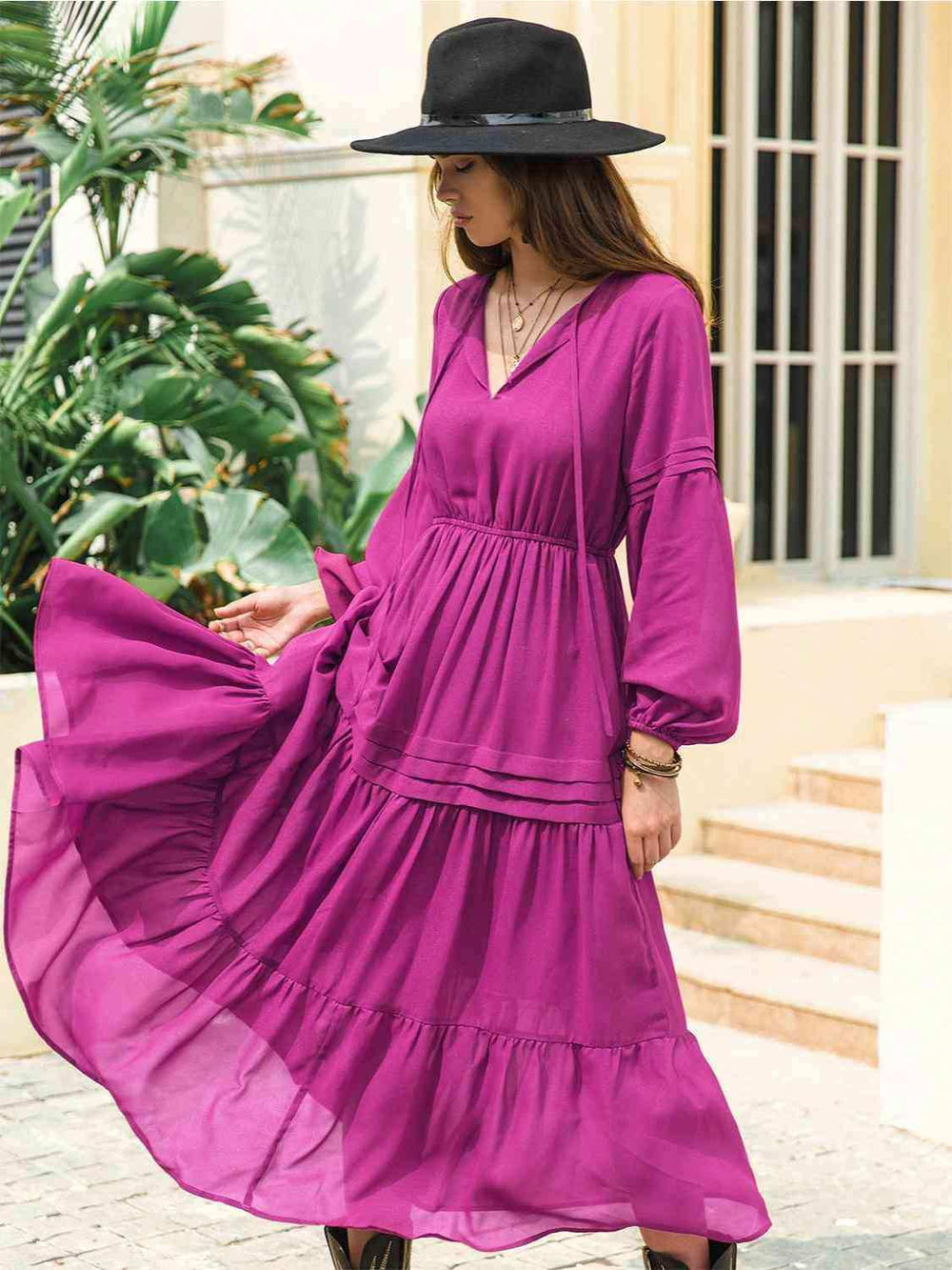 Tie Neck Long Sleeve Midi Tiered Dress - Trendsi - Flyclothing LLC