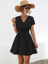 Ruffled Smocked V-Neck Tiered Dress - Trendsi - Flyclothing LLC