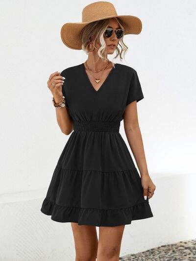 Ruffled Smocked V-Neck Tiered Dress - Trendsi - Flyclothing LLC