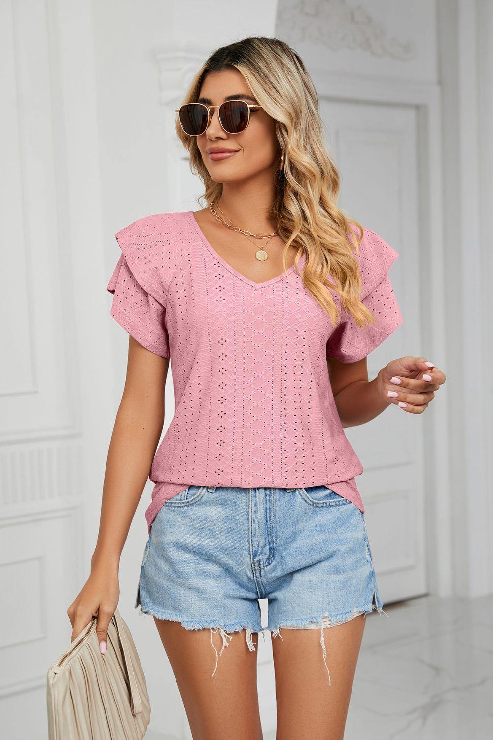 Eyelet Layered Flutter Sleeve V-Neck Knit Top - Trendsi