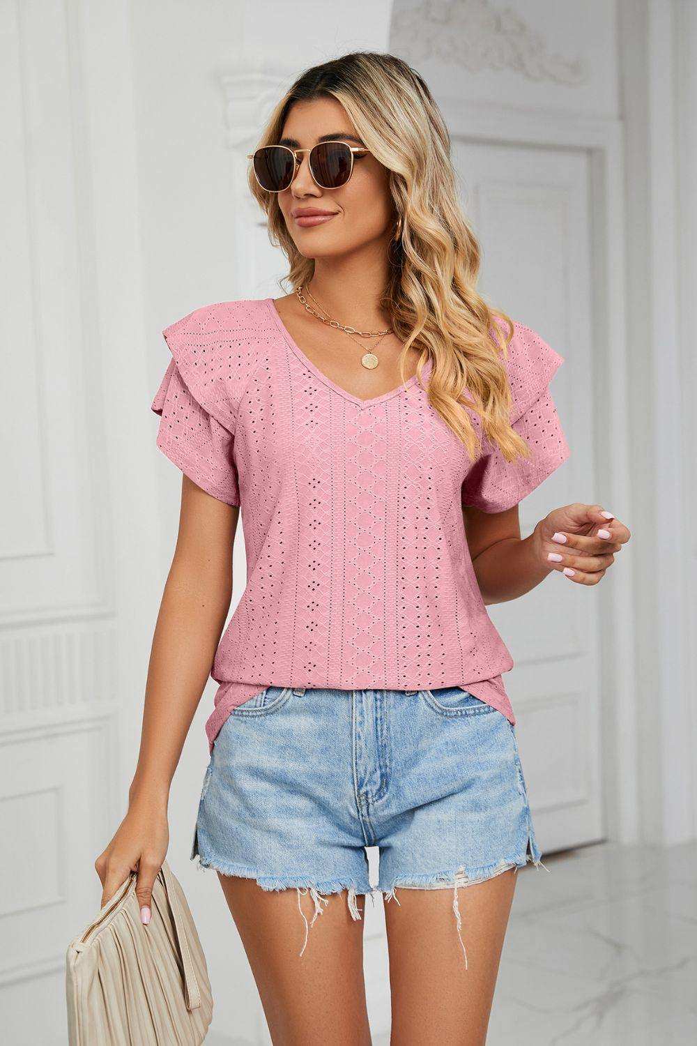 Eyelet Layered Flutter Sleeve V-Neck Knit Top - Trendsi - Flyclothing LLC