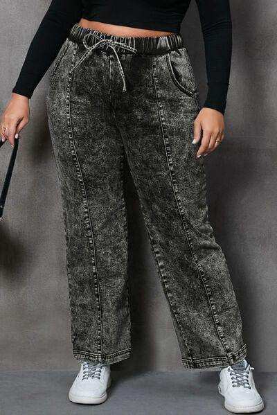 Plus Size Drawstring Pocketed Straight Jeans - Trendsi - Flyclothing LLC