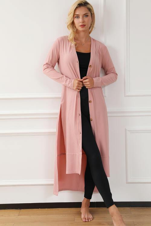 Button Up High-Low Long Sleeve Slit Cardigan - Trendsi