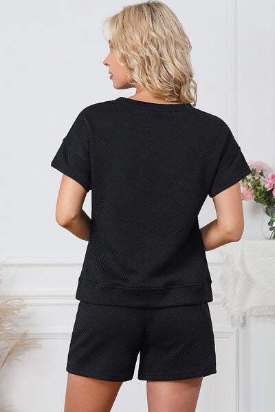 Textured Round Neck T-Shirt and Shorts Set - Trendsi - Flyclothing LLC