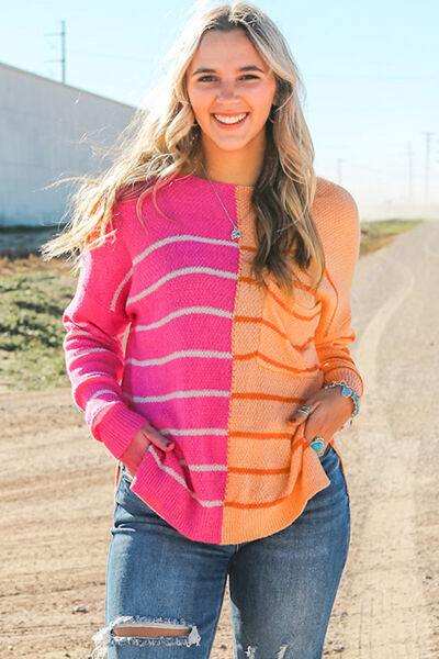 Striped Pocketed Dropper Shoulder Sweater - Trendsi - Flyclothing LLC