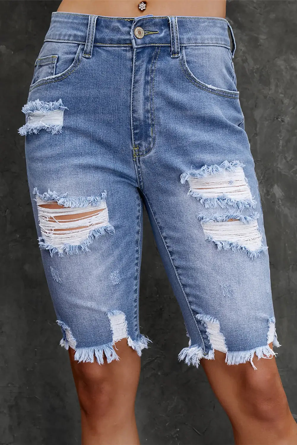 Distressed Frayed Hem Denim Bermuda Shorts - Trendsi - Flyclothing LLC