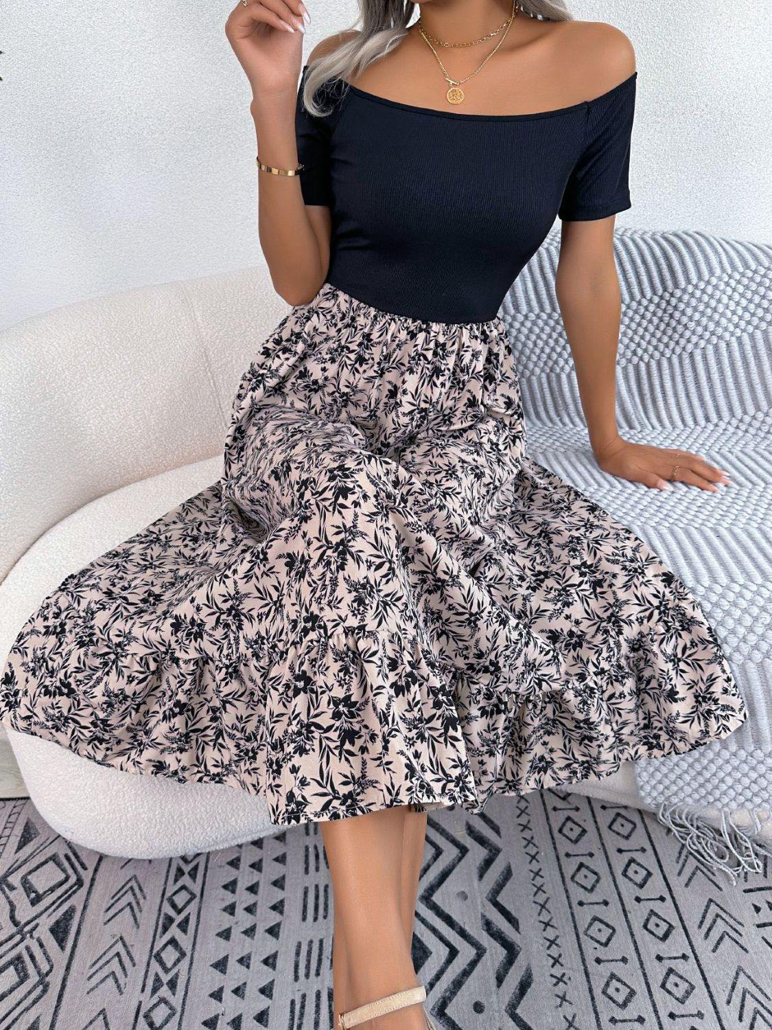 Printed Off-Shoulder Ruffle Hem Dress - Trendsi