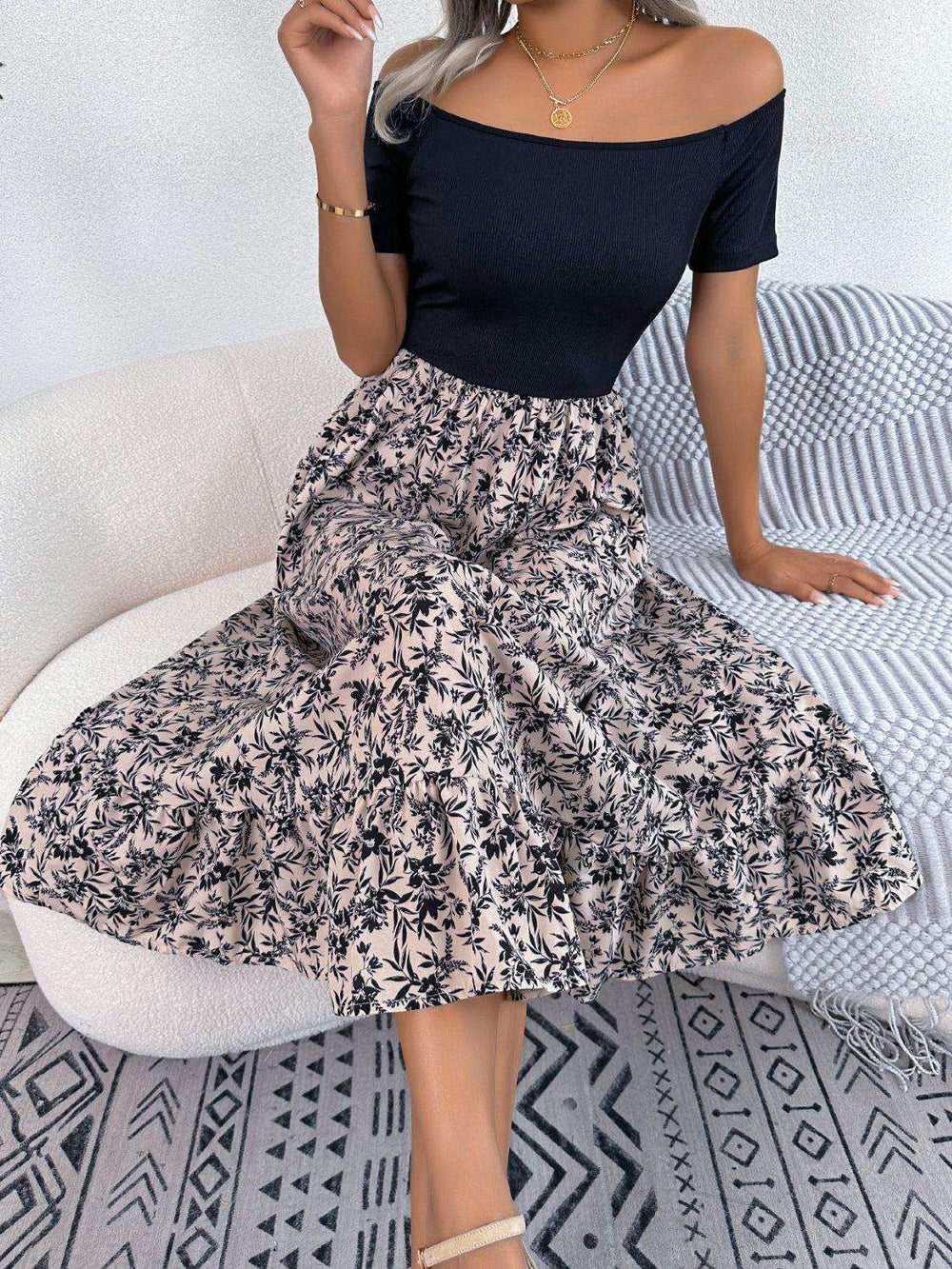 Printed Off-Shoulder Ruffle Hem Dress - Trendsi - Flyclothing LLC