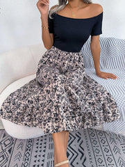 Printed Off-Shoulder Ruffle Hem Dress - Trendsi