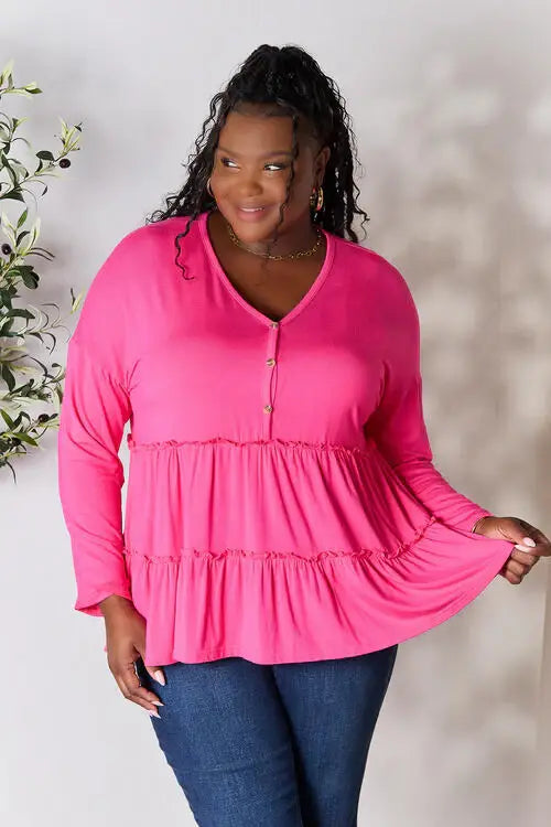 Double Take Half Button Long Sleeve Ruffle Hem Blouse - Trendsi - Flyclothing LLC