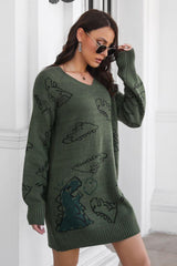 Dinosaur Pattern V-Neck Sweater Dress - Trendsi