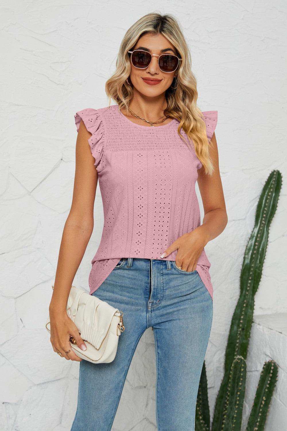 Smocked Round Neck Eyelet Top - Trendsi - Flyclothing LLC
