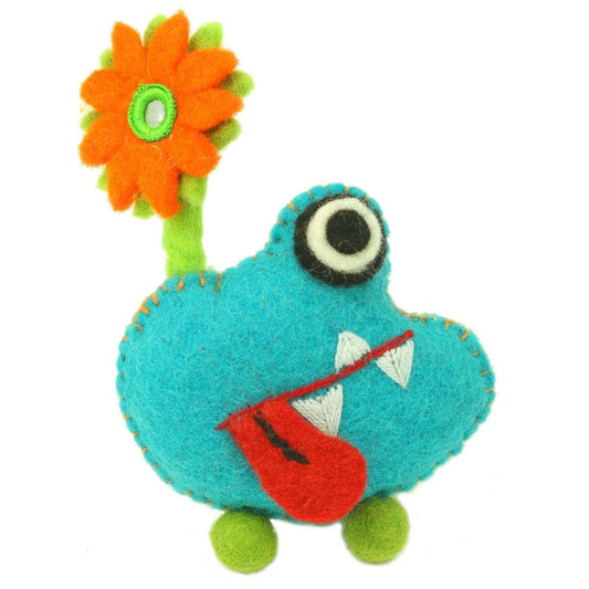 Hand Felted Blue Tooth Monster with Flower - Global Groove - Global Groove