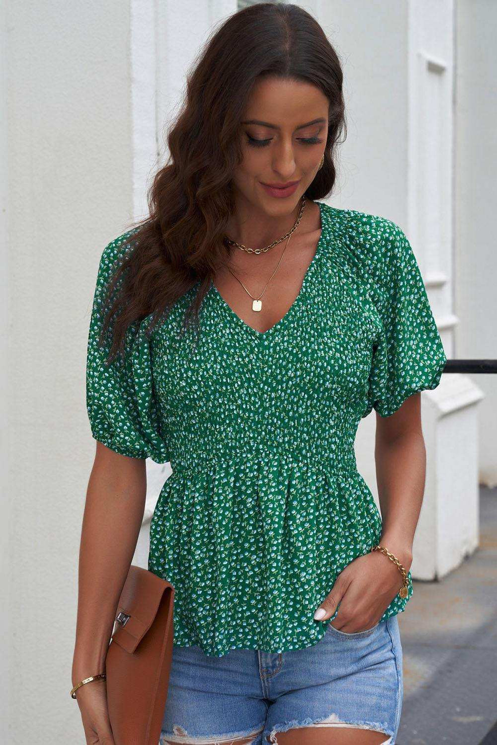 Smocked Balloon Sleeve Peplum Blouse - Trendsi - Flyclothing LLC