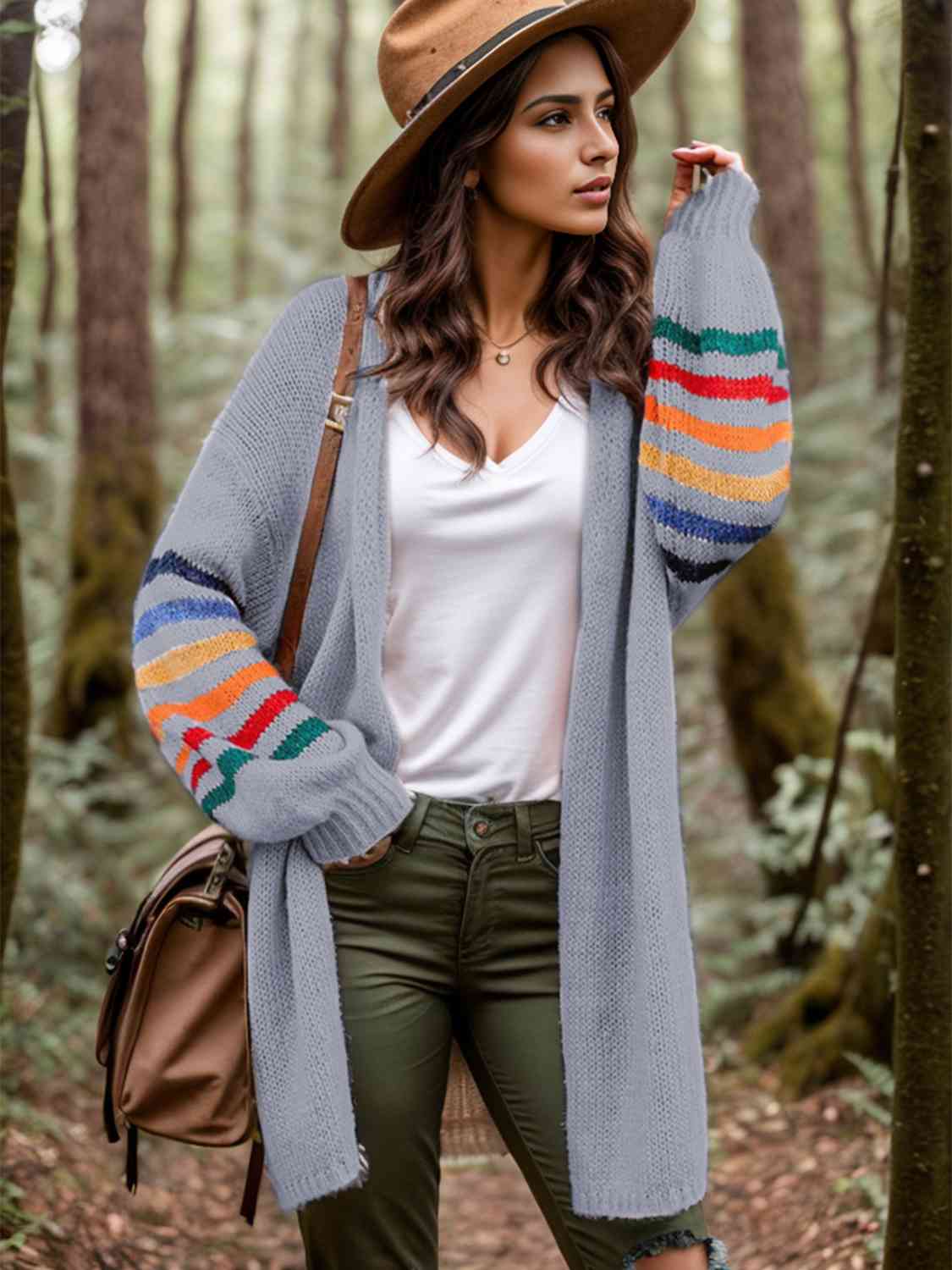 Striped Open Front Long Sleeve Cardigan - Trendsi - Flyclothing LLC