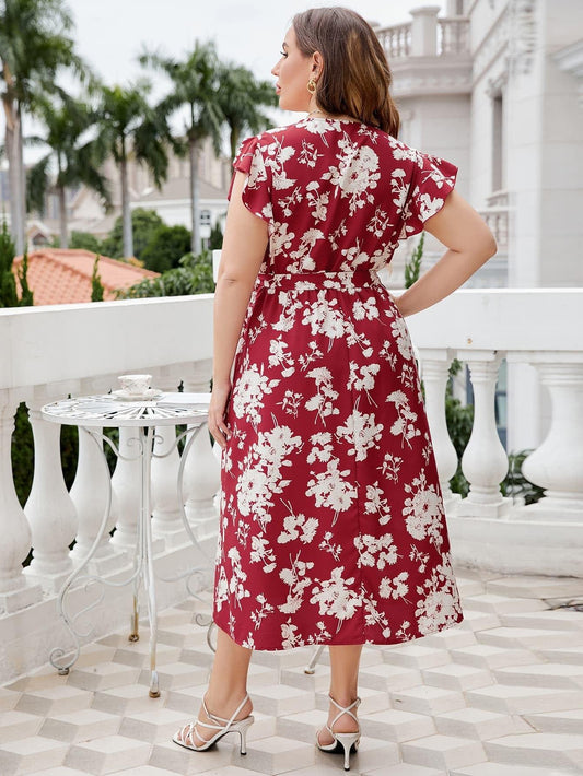 Plus Size Floral Tie Waist Surplice Neck Midi Dress - Trendsi