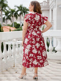 Plus Size Floral Tie Waist Surplice Neck Midi Dress - Trendsi