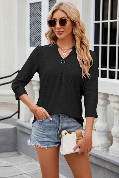 Eyelet Notched Knit Jacquard Top - Trendsi