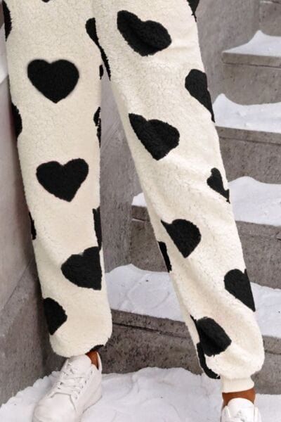 Fuzzy Heart Zip Up Hooded Lounge Jumpsuit - Trendsi