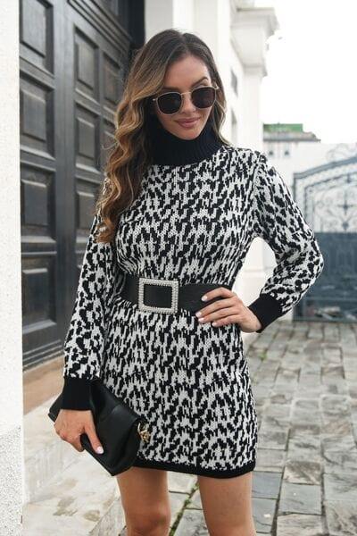 Heathered Turtleneck Mini Sweater  Dress - Trendsi
