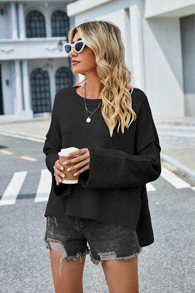 High-Low Slit Round Neck Long Sleeve Sweater - Trendsi - Flyclothing LLC