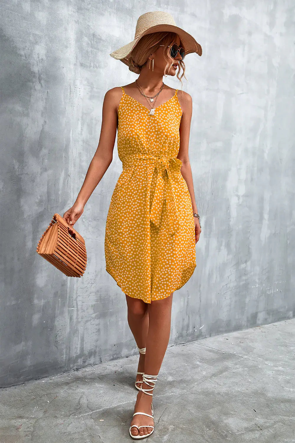 Printed V-Neck Tie Waist Mini Dress - Trendsi - Flyclothing LLC