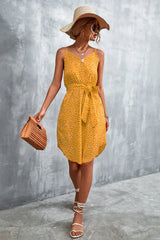 Printed V-Neck Tie Waist Mini Dress - Trendsi - Flyclothing LLC