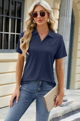 Pocketed Johnny Collar Short Sleeve Blouse - Trendsi - Flyclothing LLC