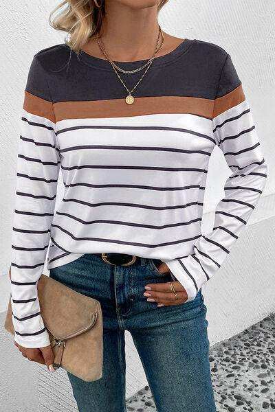 Striped Round Neck Long Sleeve T-Shirt - Trendsi - Flyclothing LLC