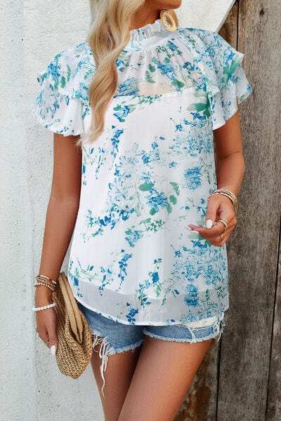 Printed Ruffled Mock Neck Blouse - Trendsi - Flyclothing LLC