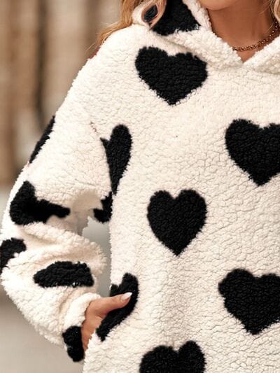 Fuzzy Heart Pocketed Dropped Shoulder Hoodie - Trendsi