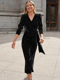 Surplice Puff Sleeve Midi Dress - Trendsi