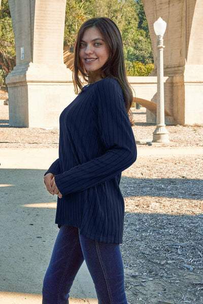 Basic Bae Full Size Ribbed Round Neck Long Sleeve Knit Top - Trendsi - Flyclothing LLC