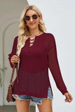 Lace-Up Slit Knit Top - Trendsi - Flyclothing LLC