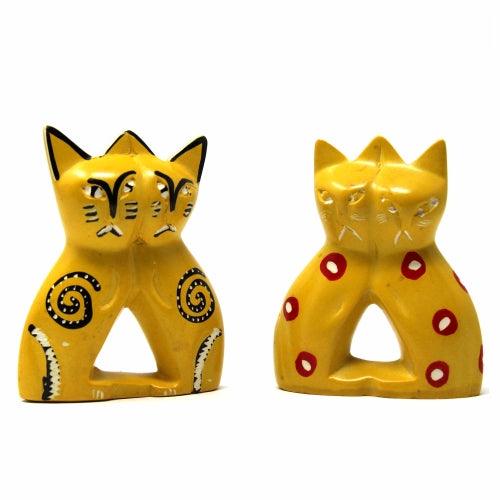 Handcrafted 4-inch Soapstone Love Cats Sculpture in Yellow - Smolart - Flyclothing LLC