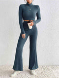 Ribbed Mock Neck Cropped Sweater & High Waist Pants Set - Trendsi