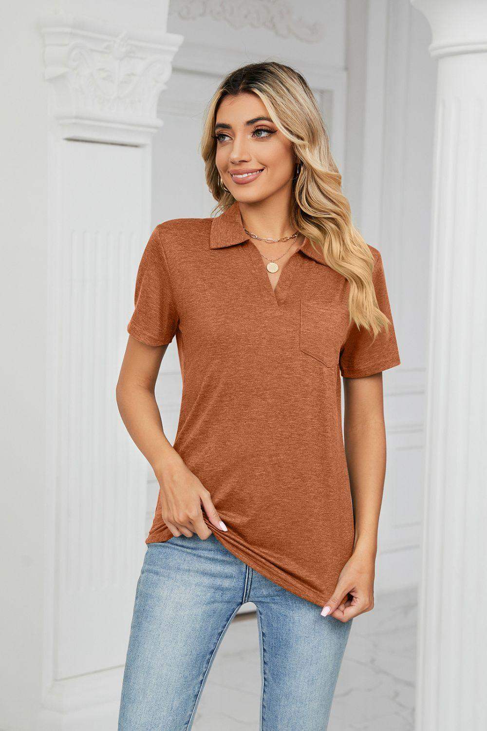 Curved Hem Johnny Collar Polo Shirt - Trendsi - Flyclothing LLC