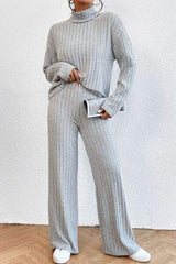 Mock Neck Dropped Shoulder Top and Pants Set - Trendsi - Flyclothing LLC