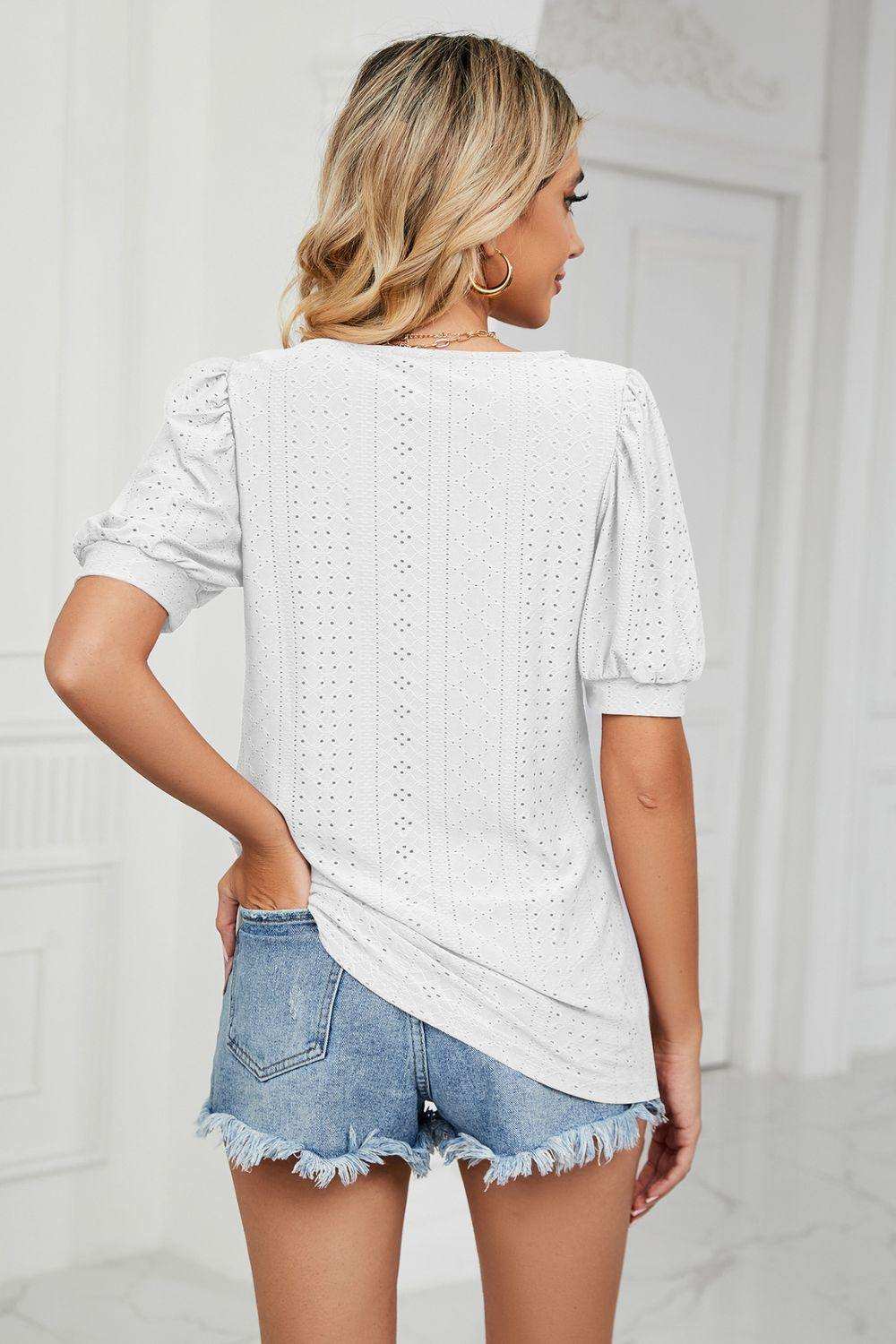 Eyelet Puff Sleeve Round Neck Top - Trendsi - Flyclothing LLC
