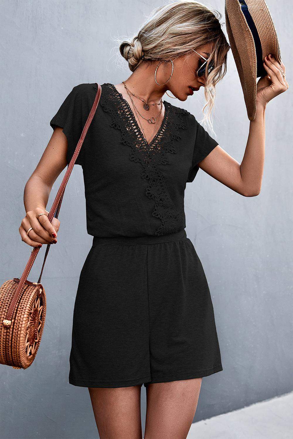 Lace Trim V-Neck Romper - Trendsi - Flyclothing LLC