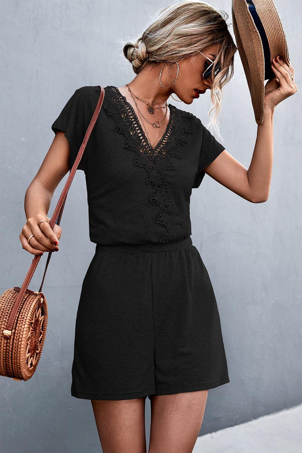 Lace Trim V-Neck Romper - Trendsi
